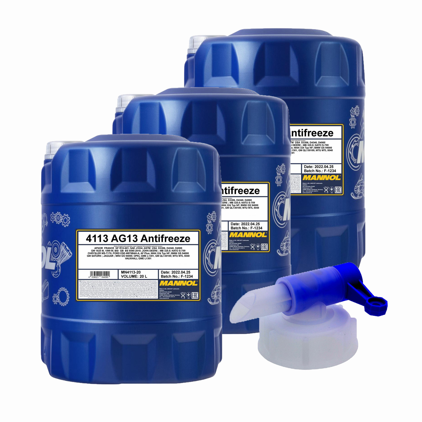 60 Liter (3x20) MANNOL Hightec Antifreeze AG13 Kühlflüssigkeit +  Ablasshahn