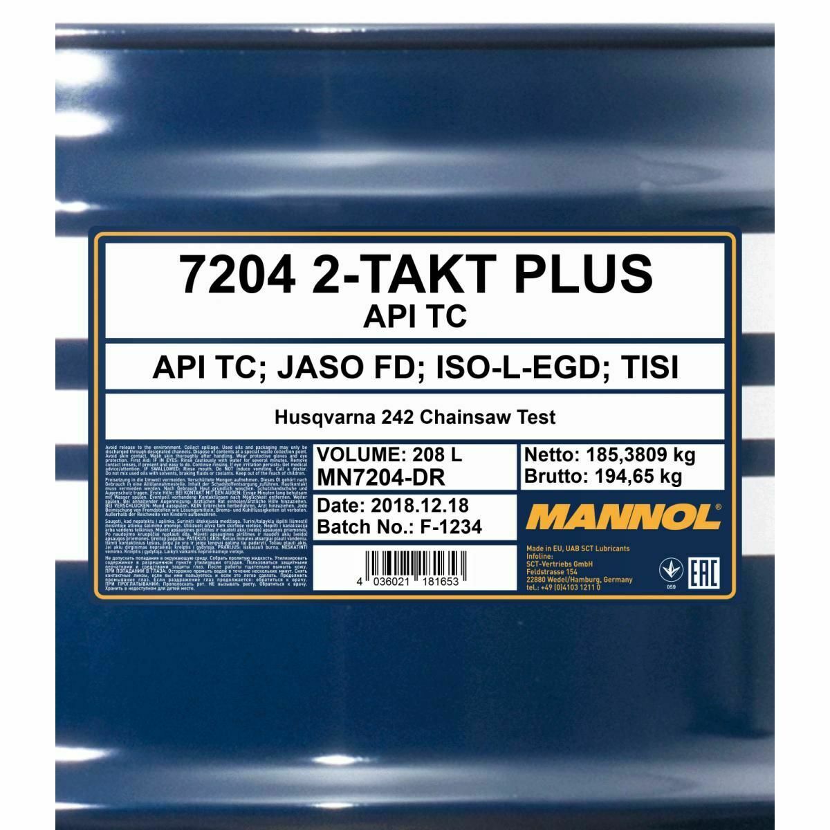 208 Liter MANNOL 2-Takt Plus 7204 API TC JASO FD ISO L-EGD TISI Motoröl 