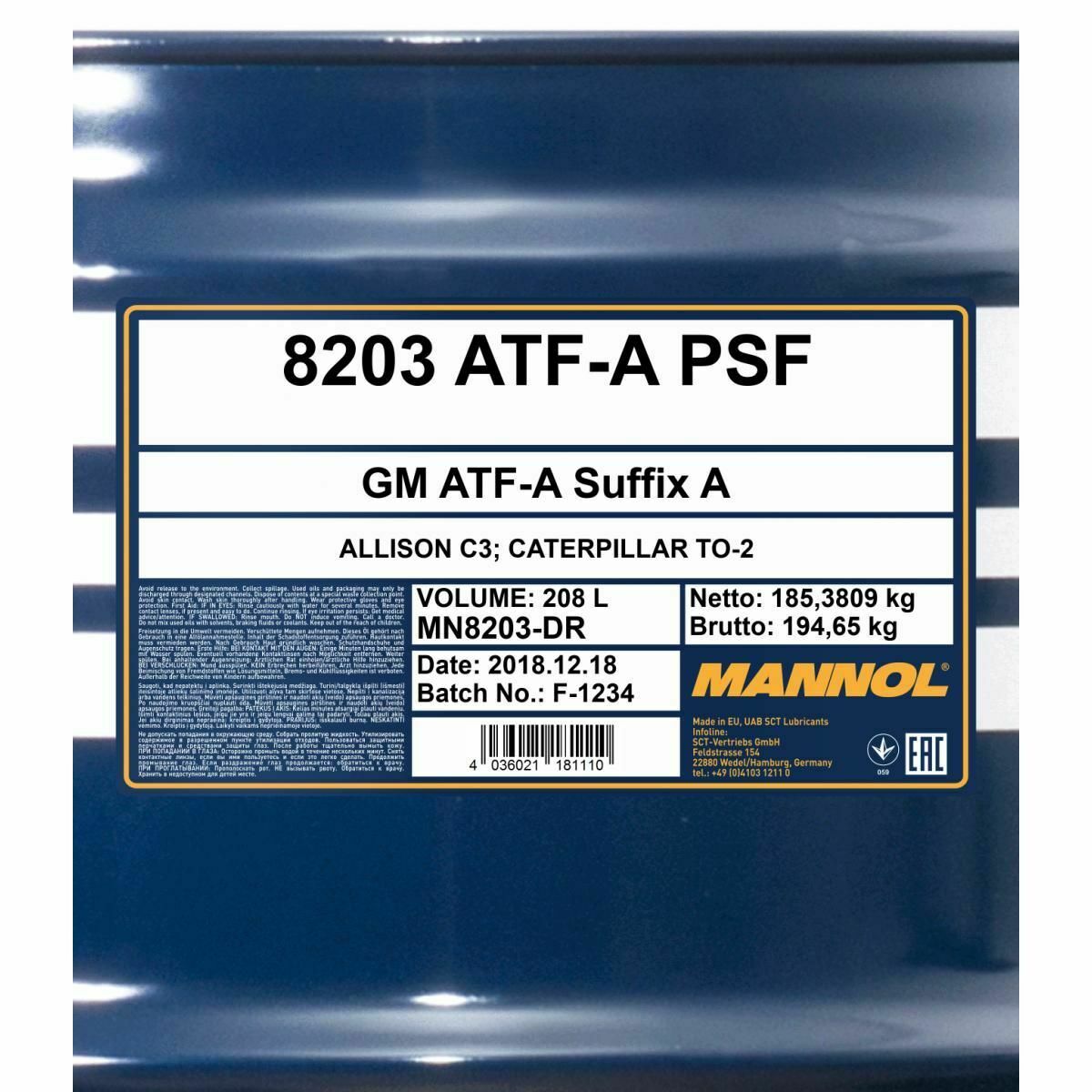 208 Liter MANNOL Hydrauliköl ATF-A PSF Hydraulikflüssigkeit 4036021111124