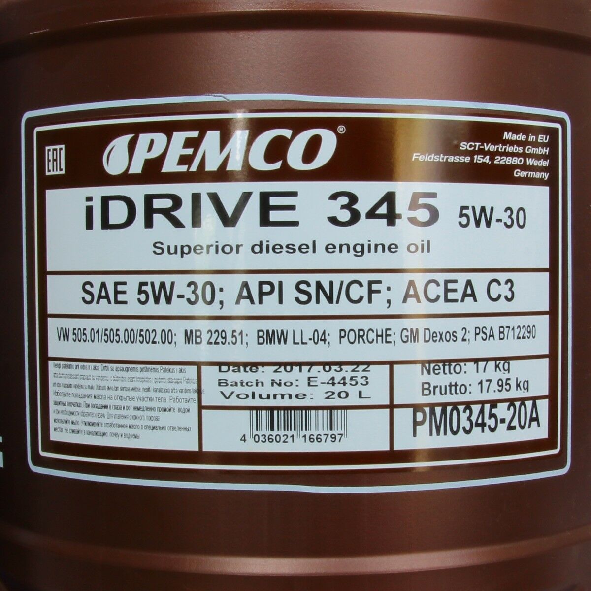 60 Liter PEMCO SAE 5W-30 API SN CH-4 iDrive 345 Motoröl Motorenöl Schmierung