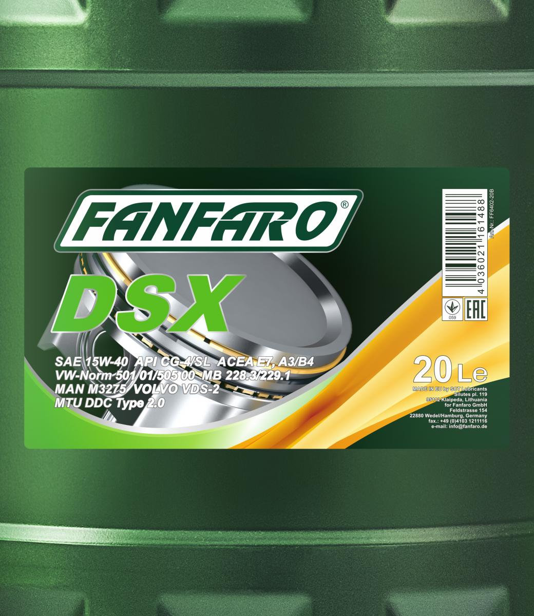 40L (2x20) FANFARO DSX 15W-40 CH-4/SL Motoröl E3 B3 A3 VW 505.00 501.00 MB 229.1