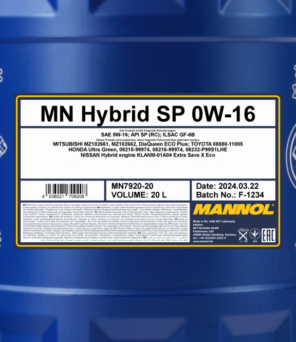 20 Liter MANNOL Hybrid SP 0W-16 7920 API SP (RC) ILSAC GF-6B