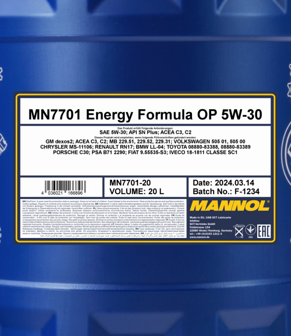 20 Liter MANNOL Energy Formula OP 7701 5W-30 API SN Plus Chevrolet Opel Motoröl