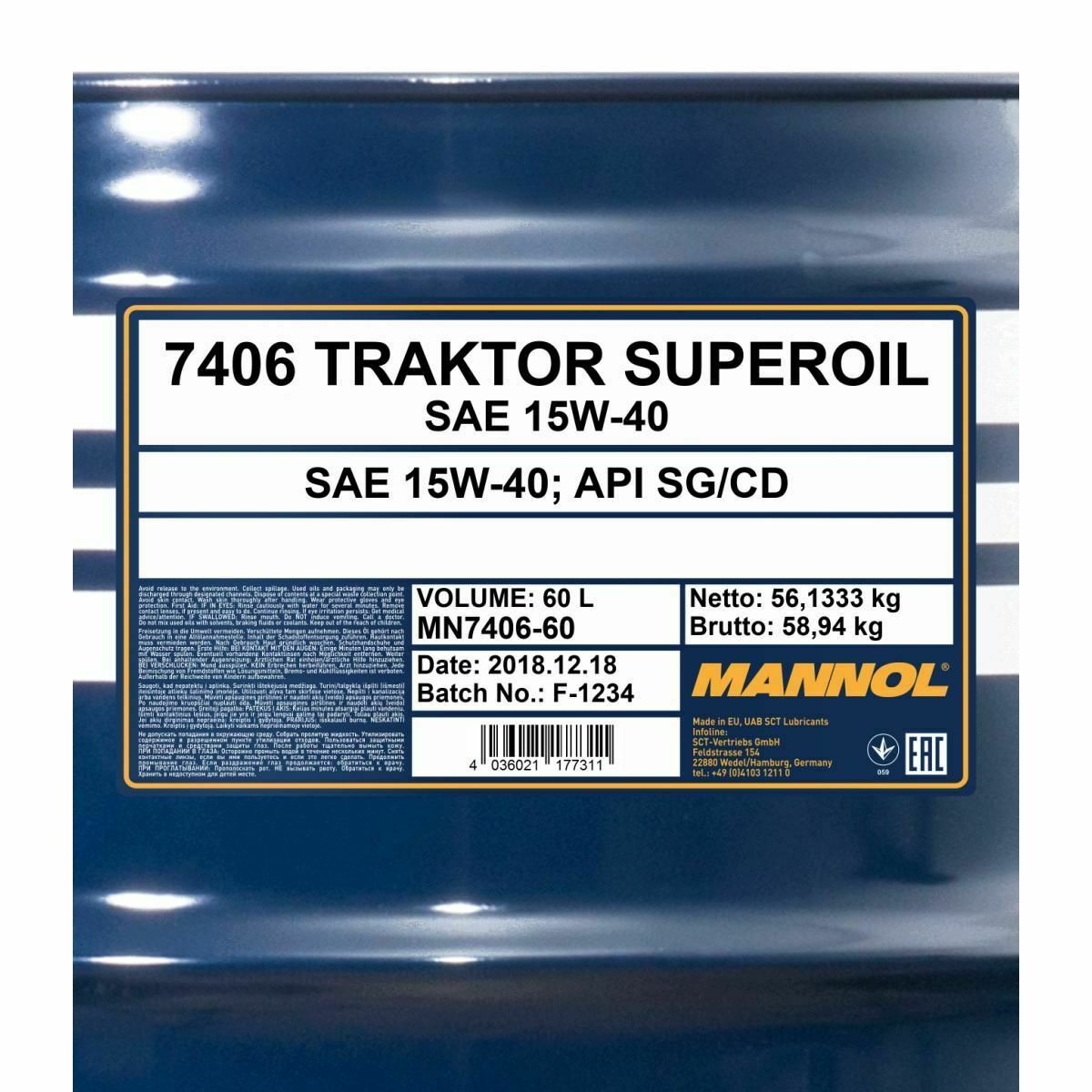 60 Liter MANNOL TRAKTOR SUPEROIL 15W-40 Motoröl Traktoröl