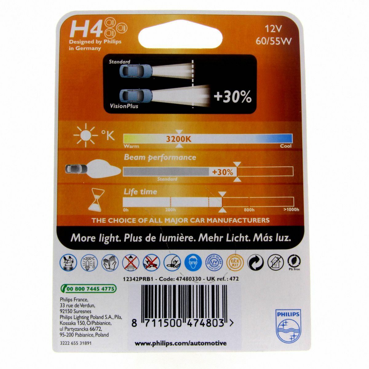 H4 Philips Vision Halogenlampe bis zu 30% mehr Licht 12342PR Blister 1 Stück