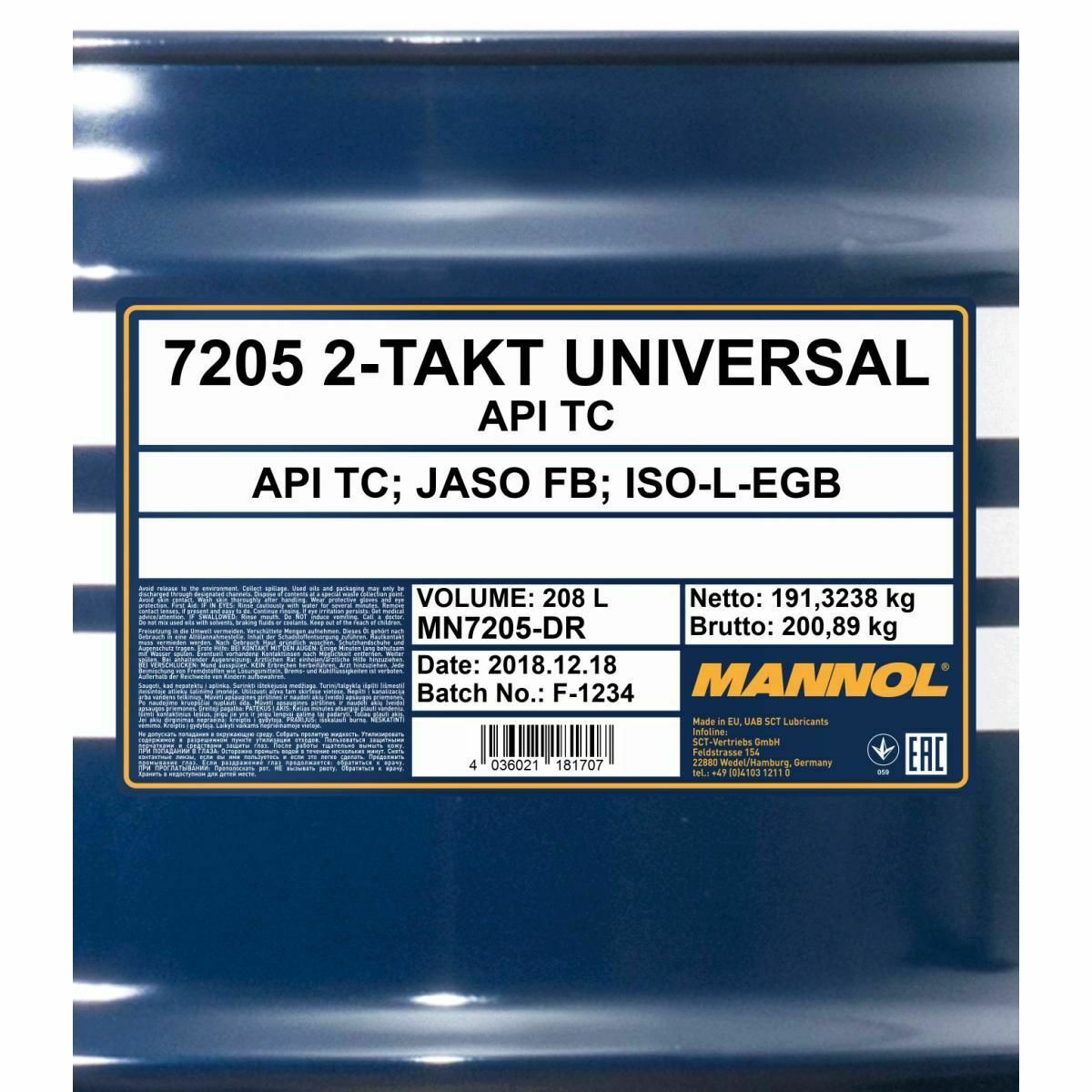 208 Liter MANNOL 2-Takt Universal 7205 API TC JASO FB Motoröl Motorradöl