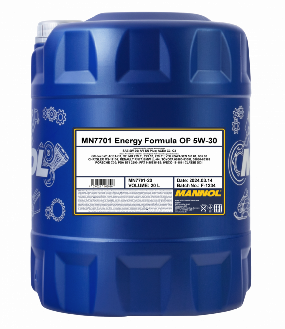 20 Liter MANNOL Energy Formula OP 7701 5W-30 API SN Plus Motoröl + 1x Ablasshahn